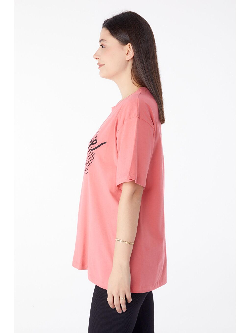 TOFİSA Pembe Düz Bisiklet Yaka Kadın Pembe Baskılı Kısa Kollu T-Shirt  - 25392 - 3