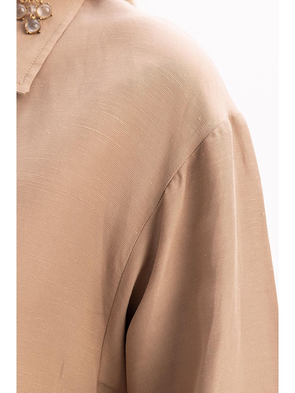 Bej Vizon-Geniş Katlamalı Yırtmaçlı Keten Pantolonlu Takım-4