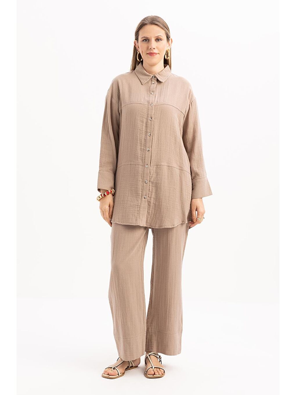 Bej Vizon-Dikiş Detaylı Müslin Pantolonlu Takım-1