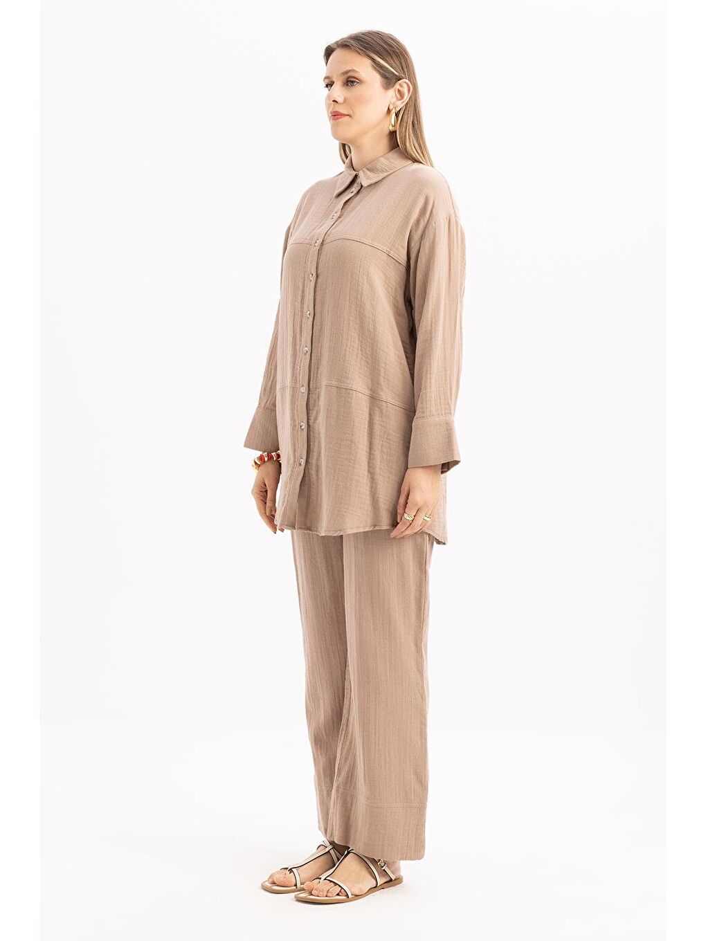 Bej Vizon-Dikiş Detaylı Müslin Pantolonlu Takım-2
