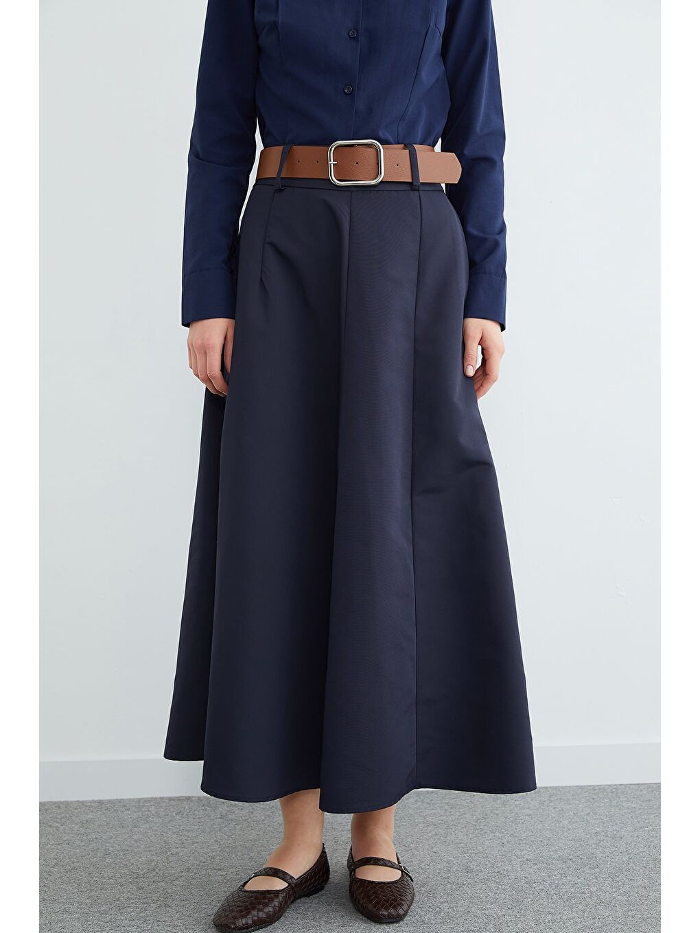 Lacivert Kemerli Pileli Maxi Boy Etek-1