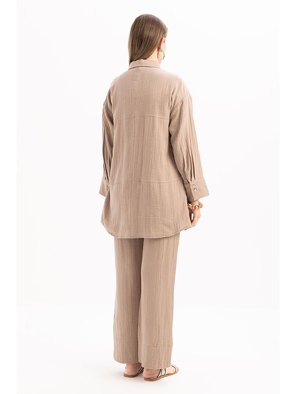Bej Vizon-Dikiş Detaylı Müslin Pantolonlu Takım-3