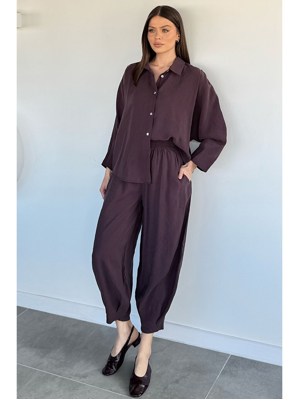 Bordo Perry Kadın Oversize Gömlek Havuç Pantolon İkili Takım