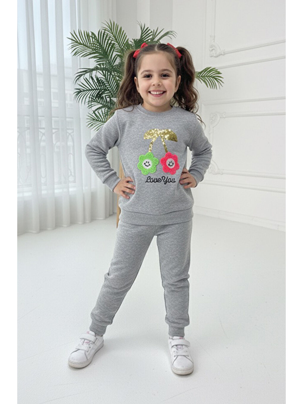 Kız Çocuk Gri Nakışlı İki İplik İkili Takım - 27973-GRI