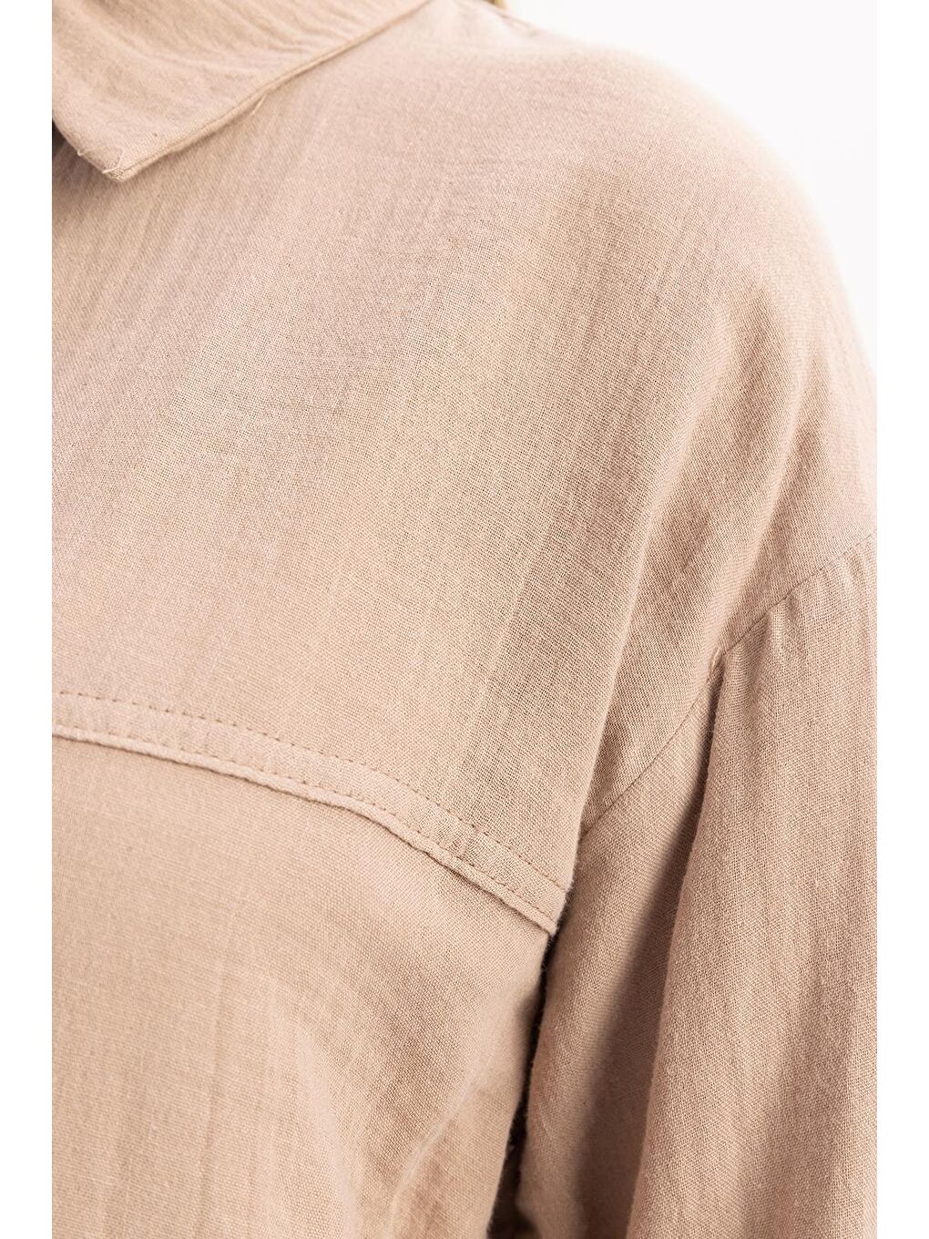 Bej Vizon-Dikiş Detaylı Müslin Pantolonlu Takım-5