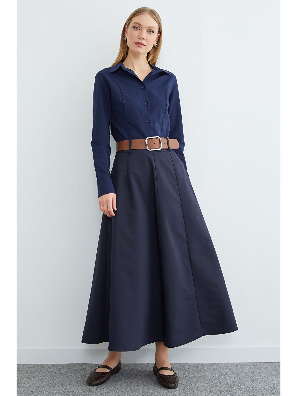 Lacivert Kemerli Pileli Maxi Boy Etek-2