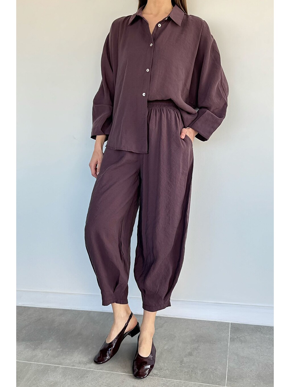 Bordo Perry Kadın Oversize Gömlek Havuç Pantolon İkili Takım-1