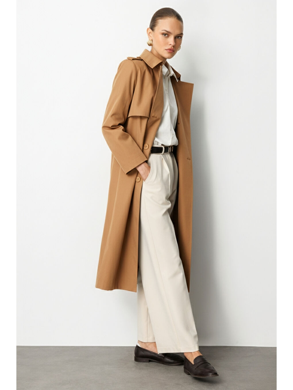 Kahverengi Camel Apoletli Klasik Maxi Mac Trençkot-1