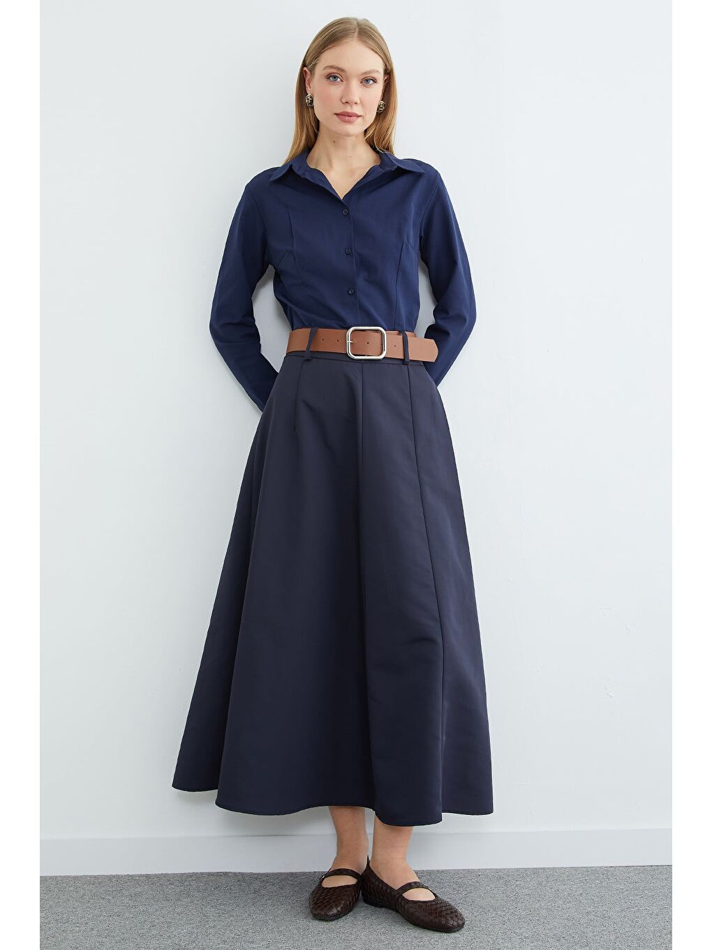 Lacivert Kemerli Pileli Maxi Boy Etek-3