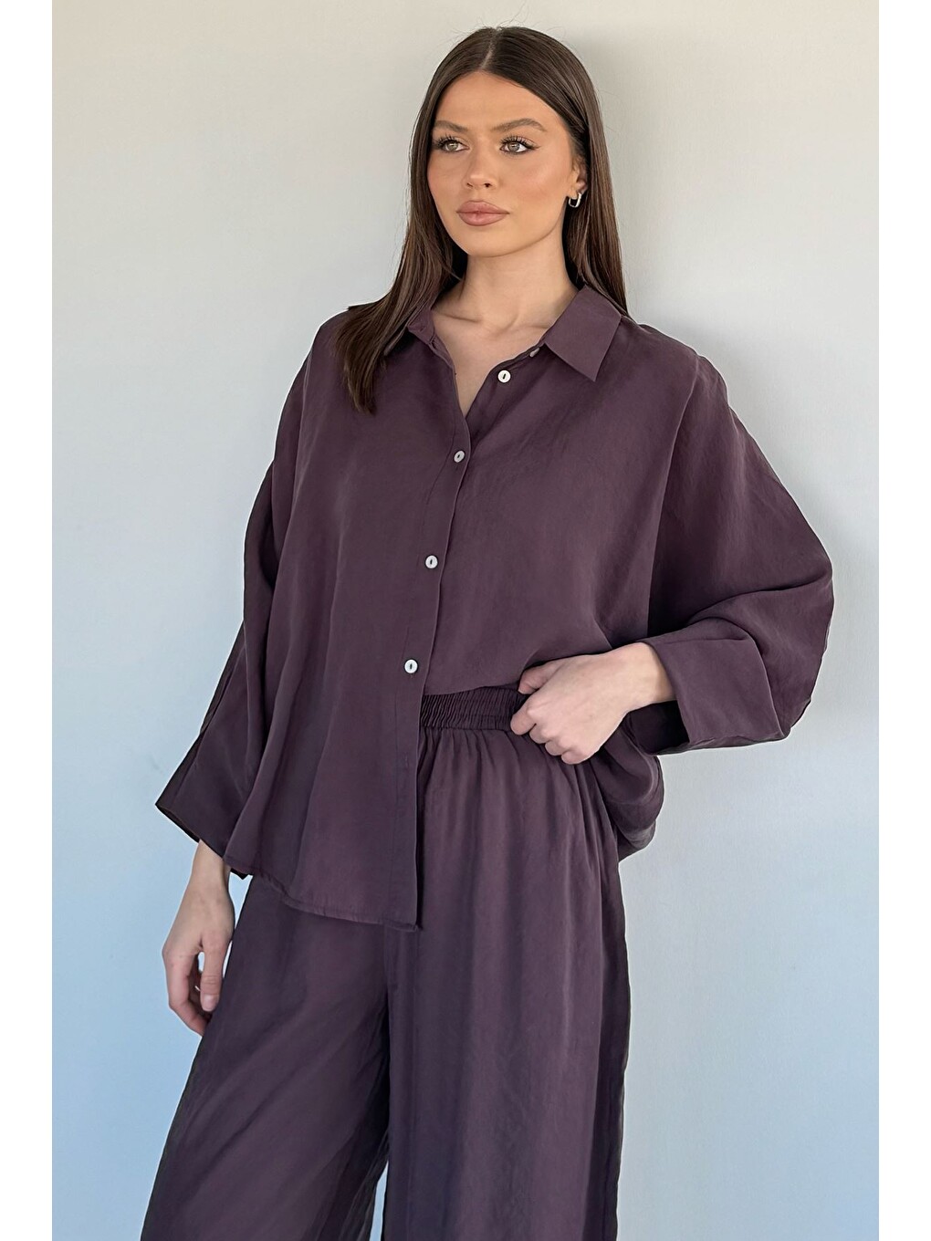 Bordo Perry Kadın Oversize Gömlek Havuç Pantolon İkili Takım-2