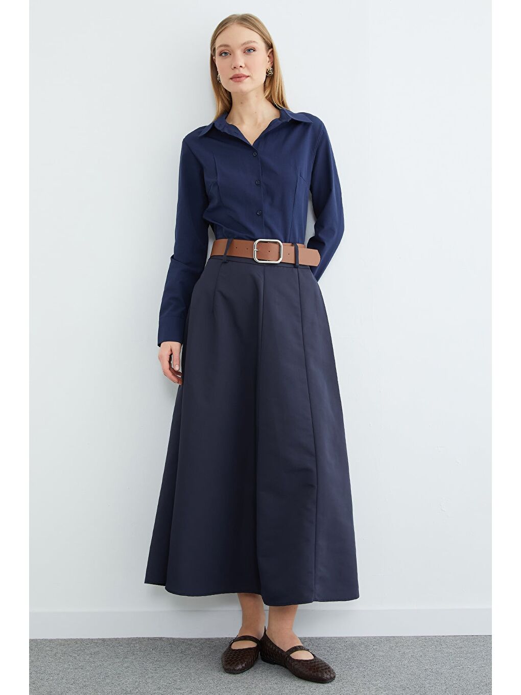 Lacivert Kemerli Pileli Maxi Boy Etek-4