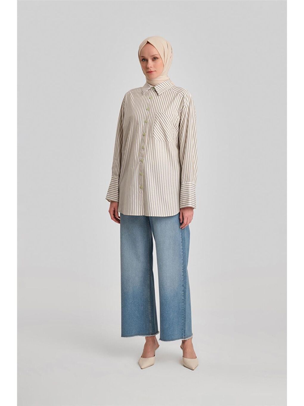 Kalın Çizgili Gömlek Ort3440-1 Haki-1