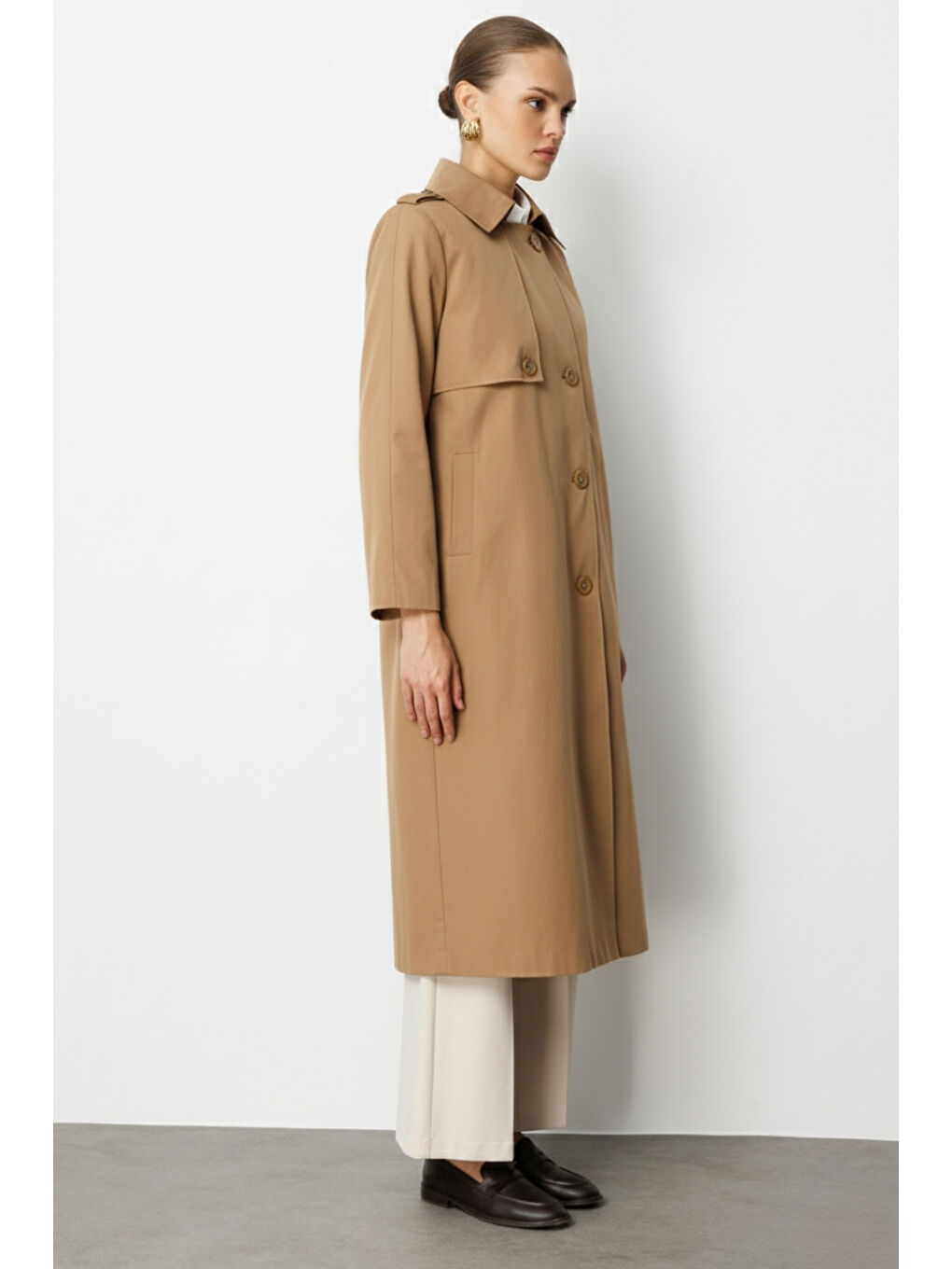 Kahverengi Camel Apoletli Klasik Maxi Mac Trençkot-2