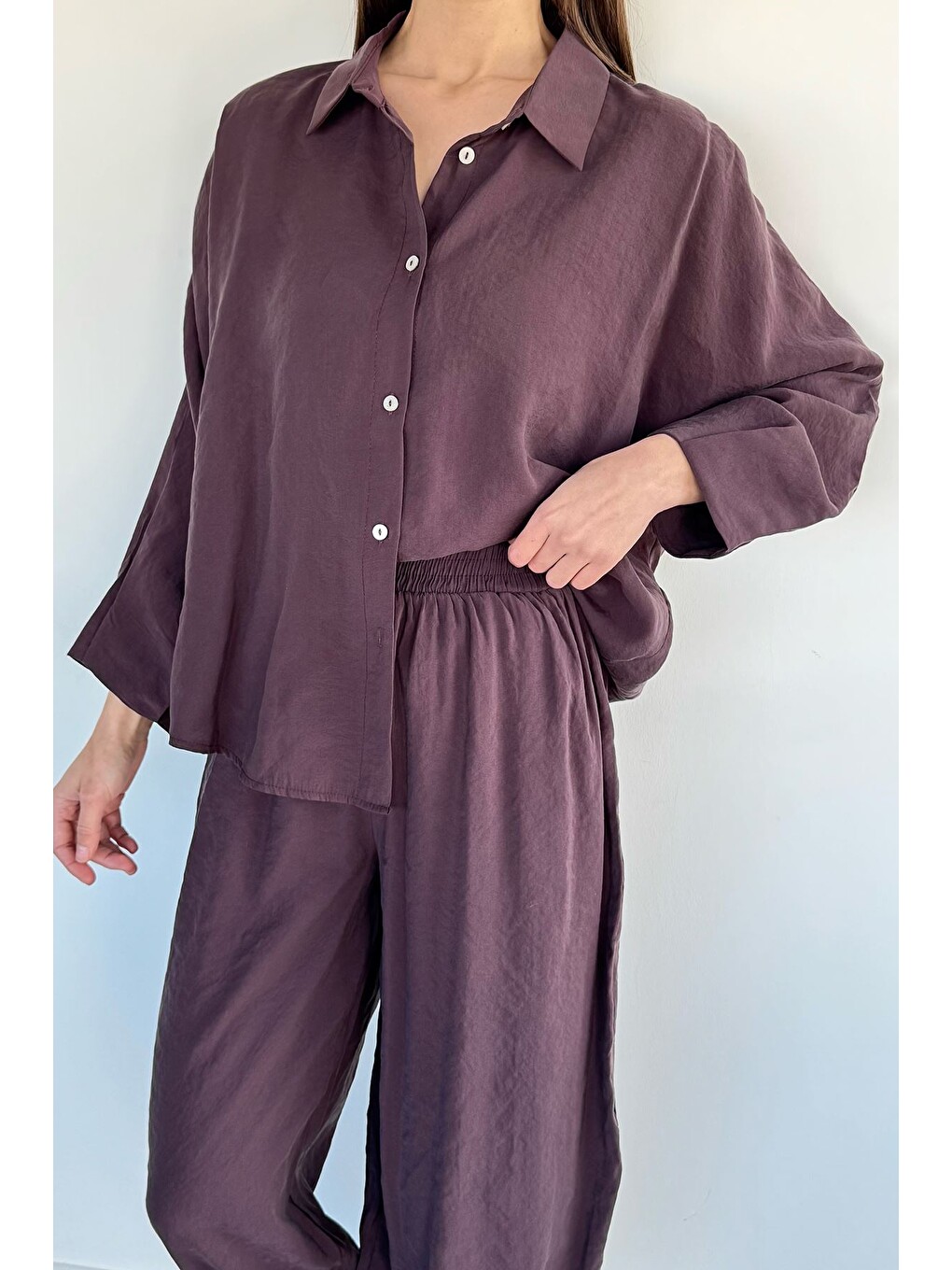 Bordo Perry Kadın Oversize Gömlek Havuç Pantolon İkili Takım-3