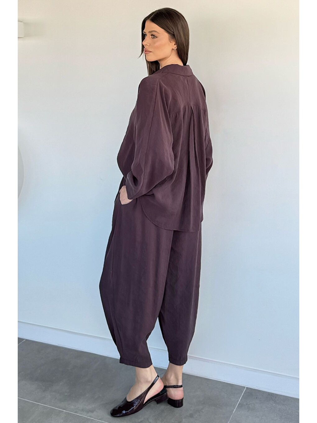 Bordo Perry Kadın Oversize Gömlek Havuç Pantolon İkili Takım-4