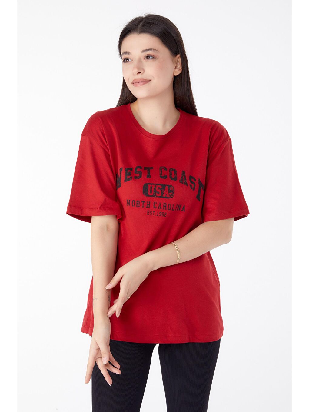 TOFİSA Kırmızı Düz Bisiklet Yaka Kadın Kırmızı Baskılı Kısa Kollu T-Shirt  - 25391