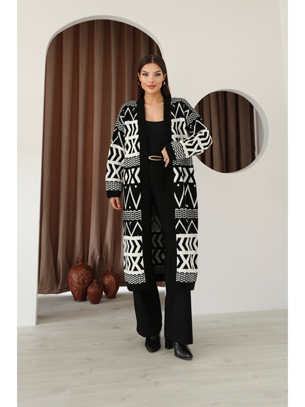 Desenli Saçaklı Uzun Boy Triko Hırka Siyah-1