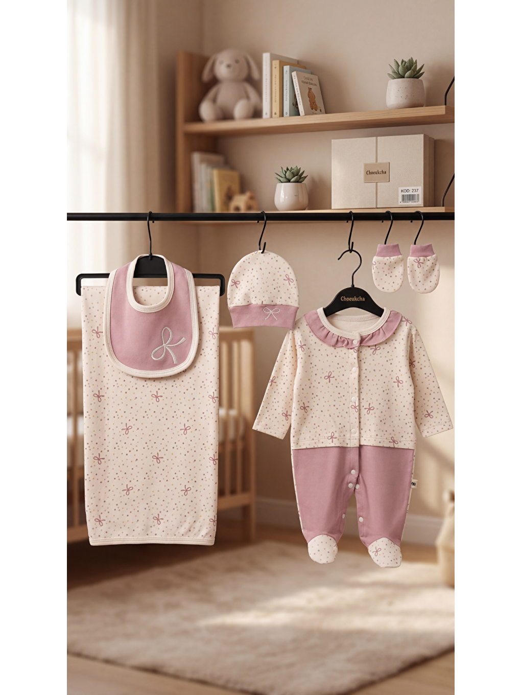 Pembe Fiyonk Desenli Bataniyeli 5'Li Kız Bebek Yenidoğan Takımı