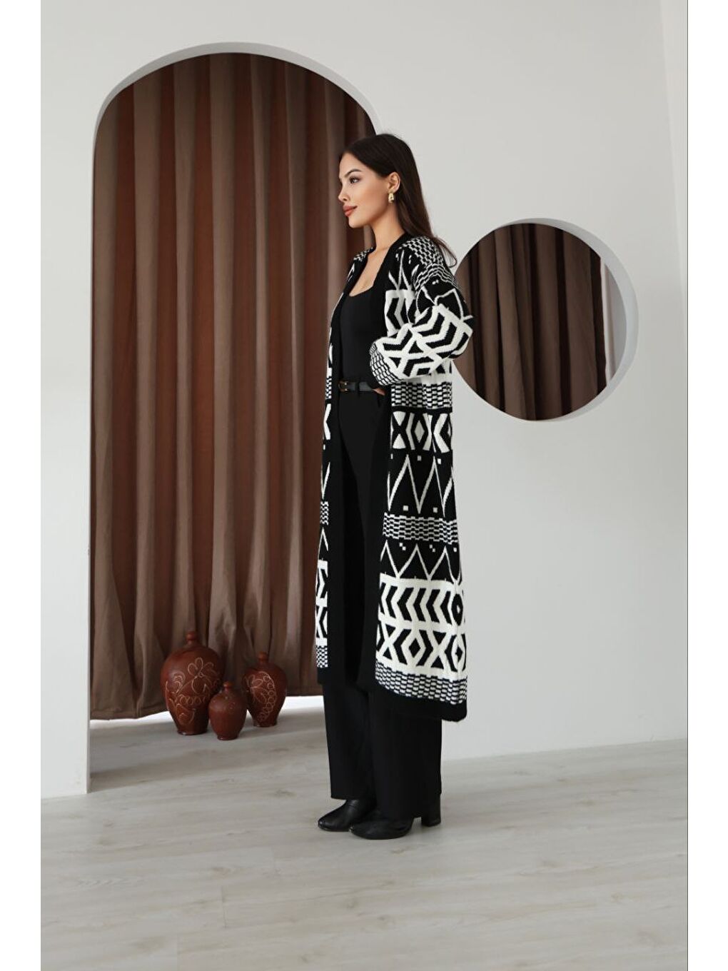 Desenli Saçaklı Uzun Boy Triko Hırka Siyah-3