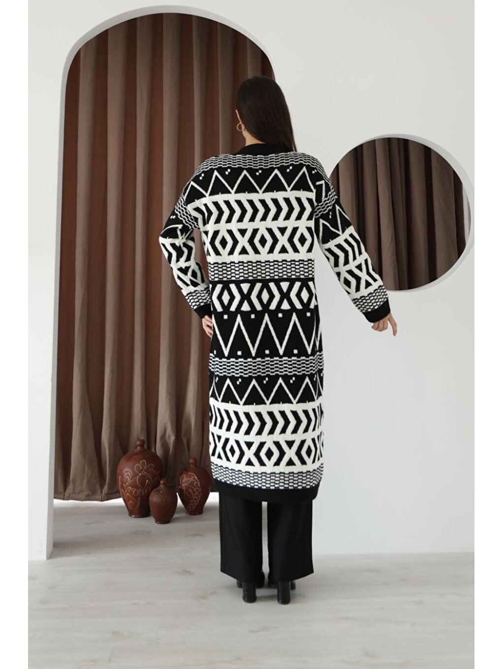 Desenli Saçaklı Uzun Boy Triko Hırka Siyah-4