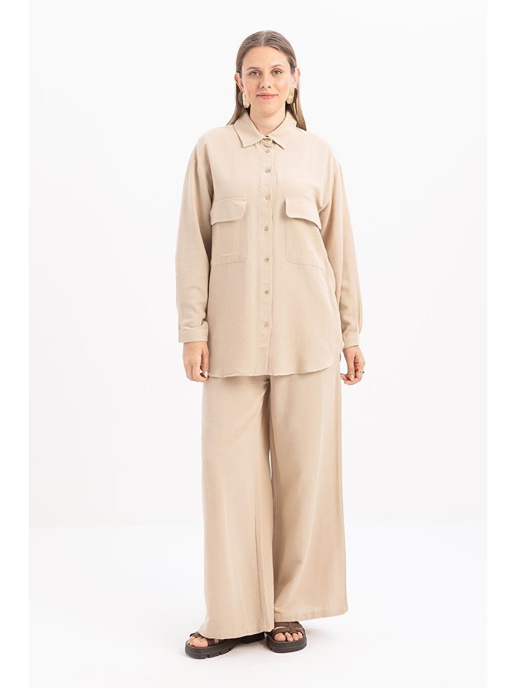 Bej-Büyük Cepli Keten Pantolonlu Takım-1