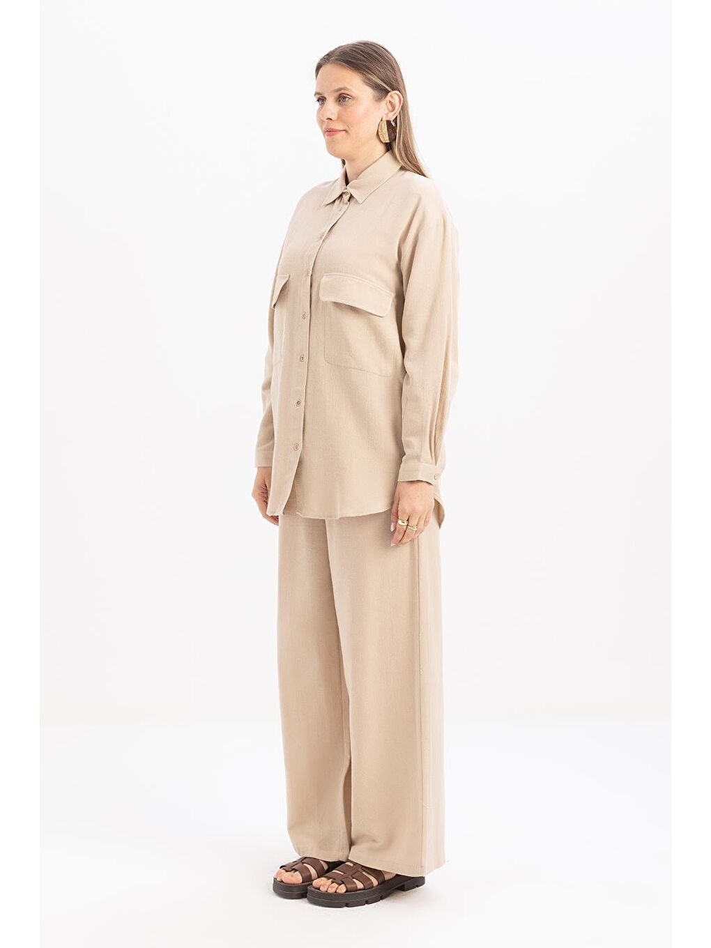 Bej-Büyük Cepli Keten Pantolonlu Takım-2