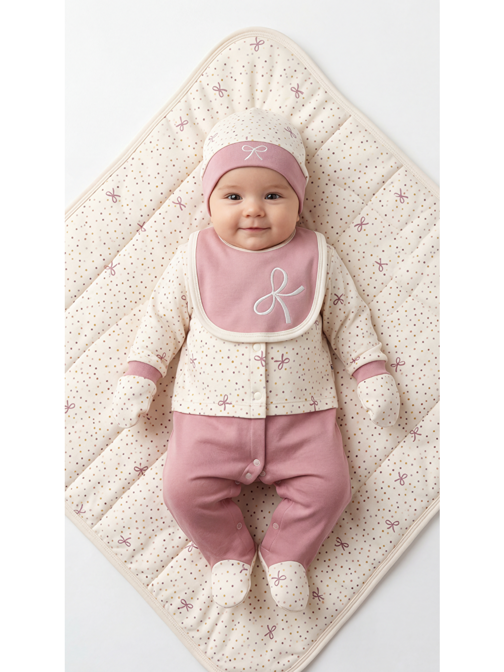 Pembe Fiyonk Desenli Bataniyeli 5'Li Kız Bebek Yenidoğan Takımı-1