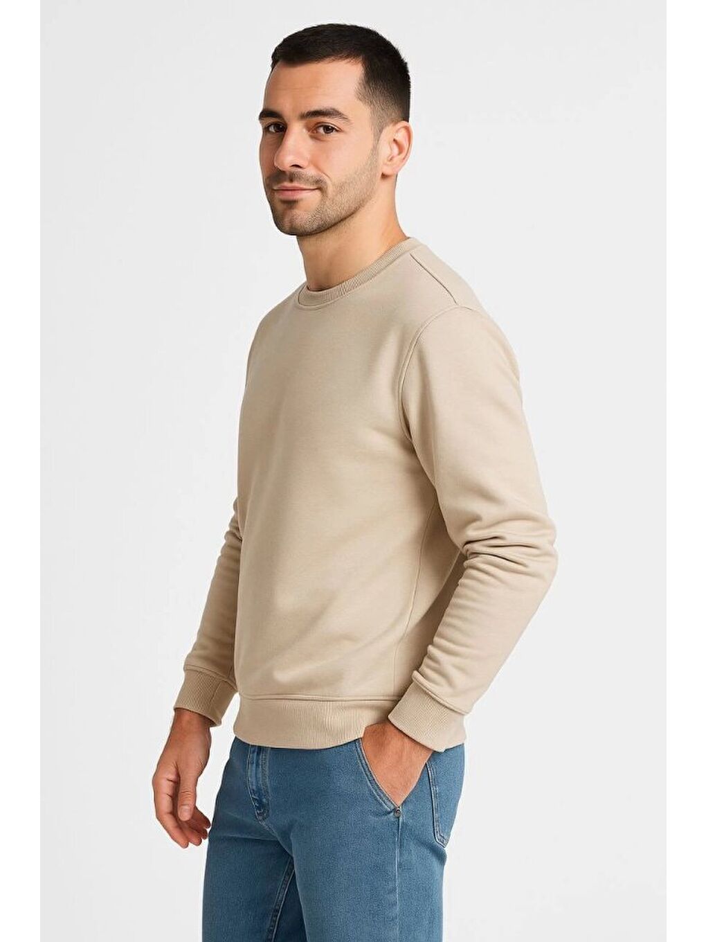 Erkek Üç İplik Düz Bisiklet Yaka SweatShirt - Bej-1
