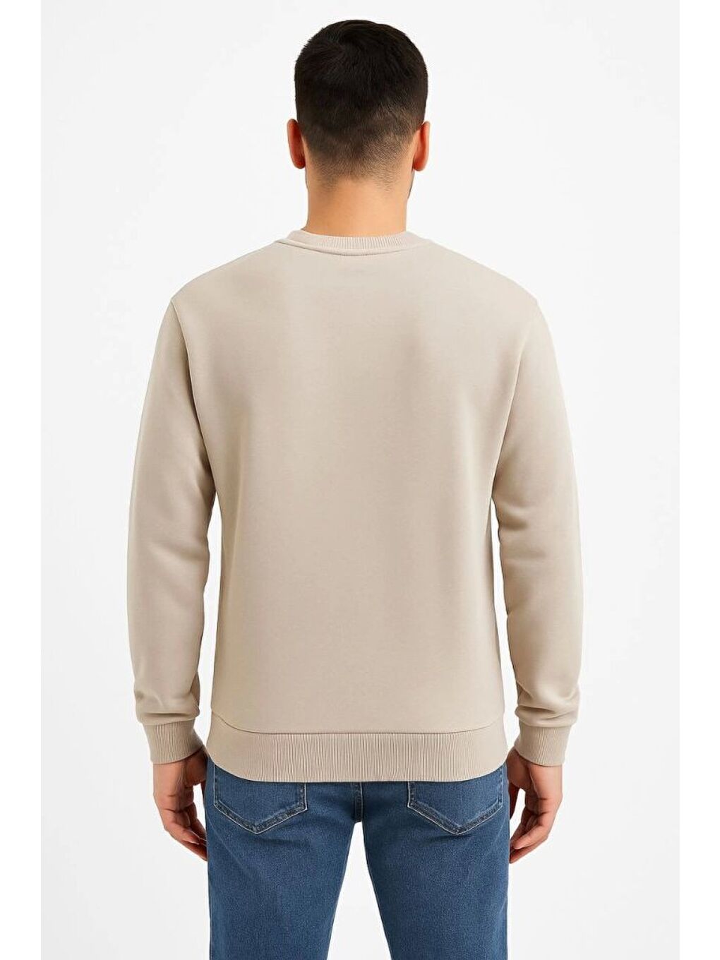 Erkek Üç İplik Düz Bisiklet Yaka SweatShirt - Bej-2