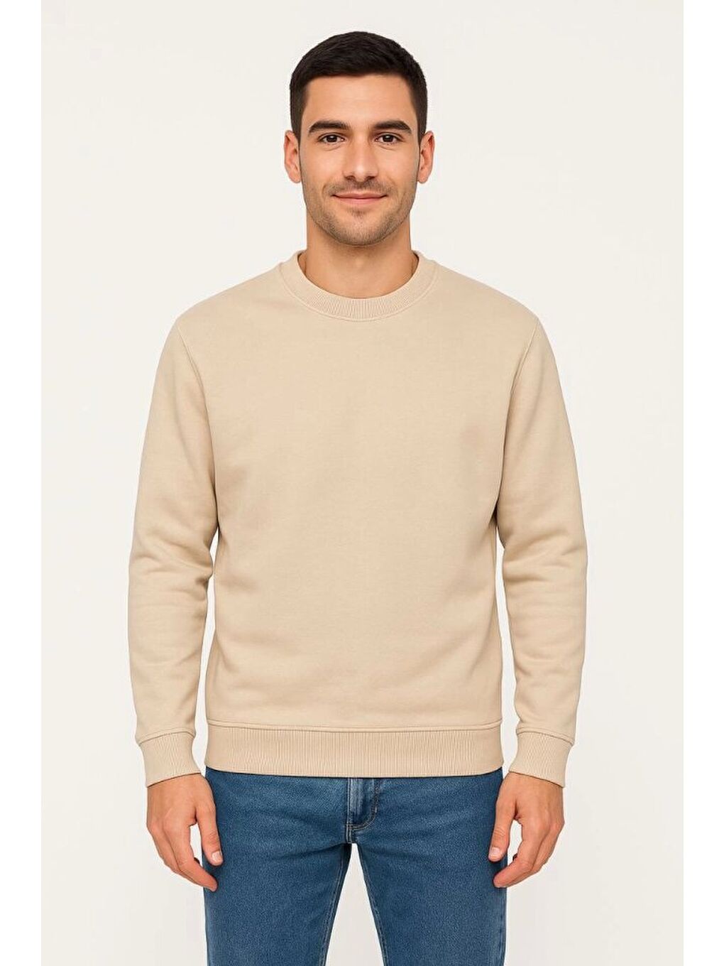 Erkek Üç İplik Düz Bisiklet Yaka SweatShirt - Bej-3