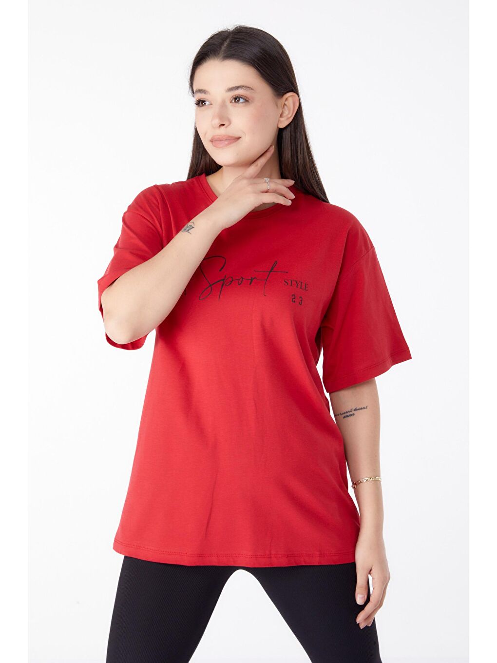 TOFİSA Kırmızı Düz Bisiklet Yaka Kadın Kırmızı Baskılı Kısa Kollu T-Shirt  - 25390 - 2