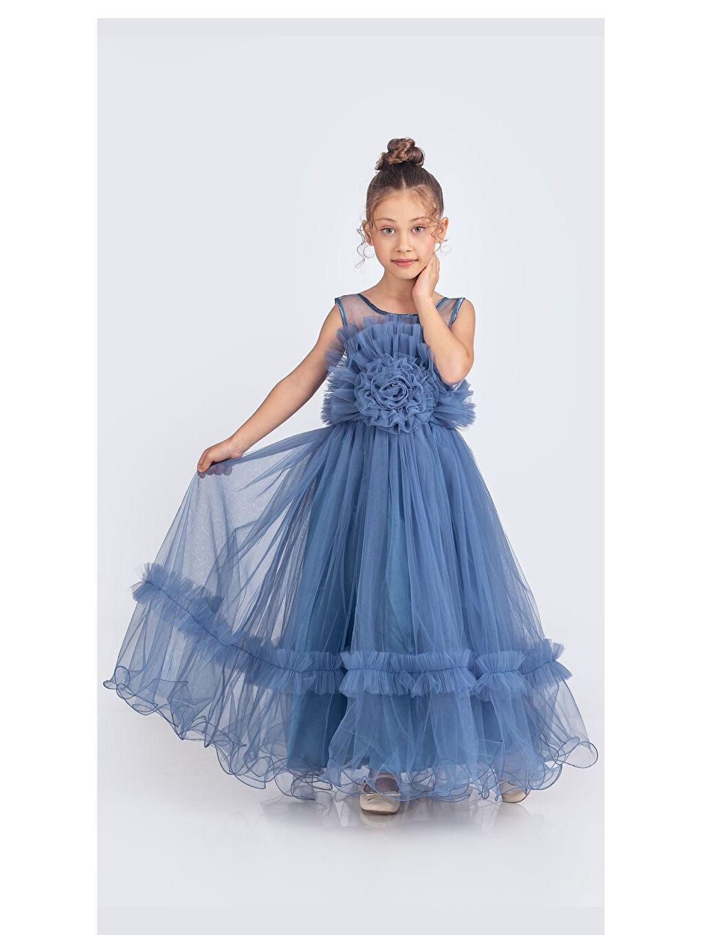 Mavi Uzun Etekli , Askılı Kız Cocuk Gül Motif Abiye Elbise M00670-8
