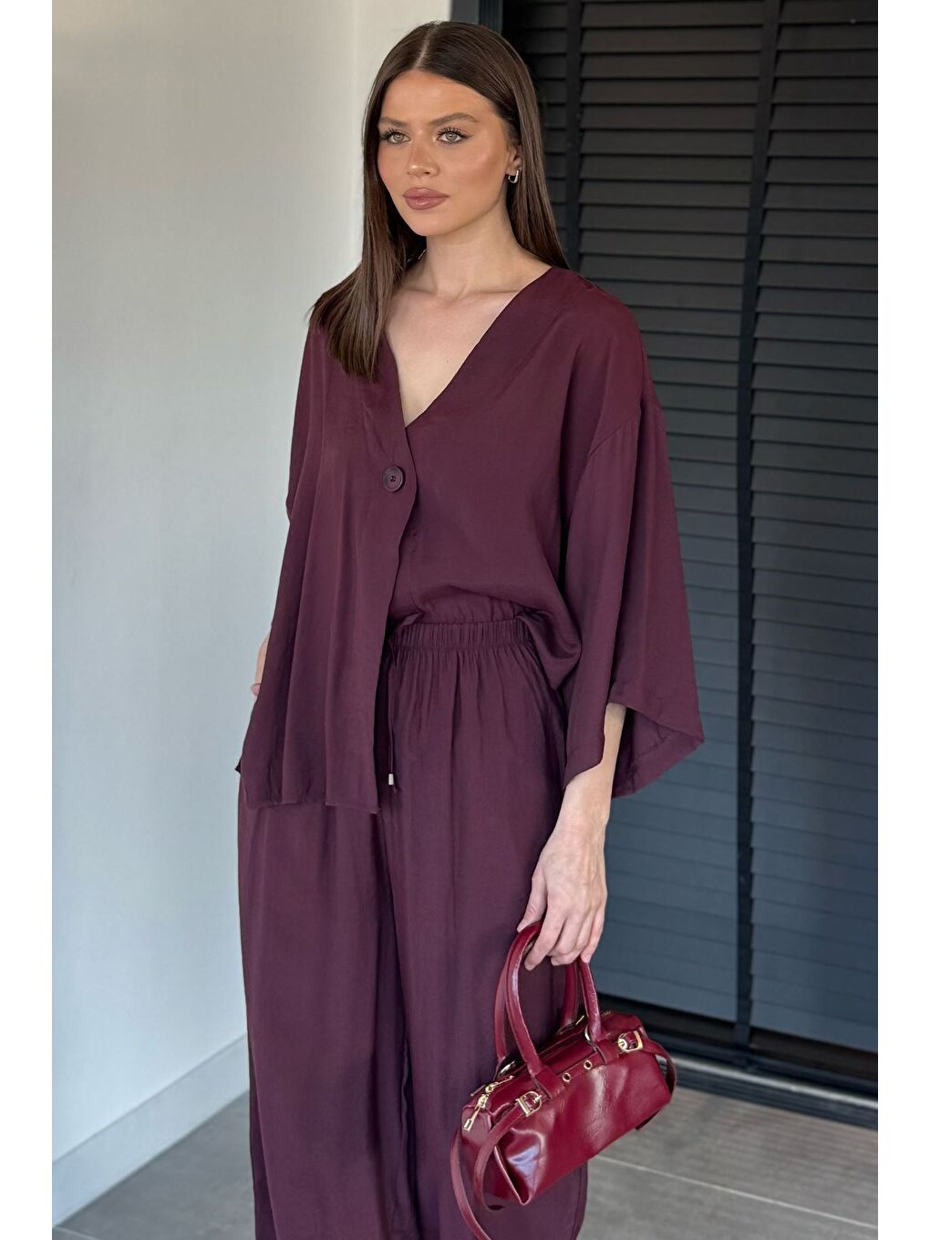 Bordo Perry Kadın Kısa Kol Oversize Bluz Havuç Pantolon İkili Takım-2