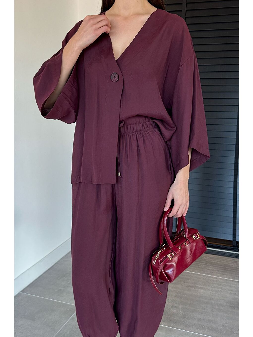 Bordo Perry Kadın Kısa Kol Oversize Bluz Havuç Pantolon İkili Takım-3