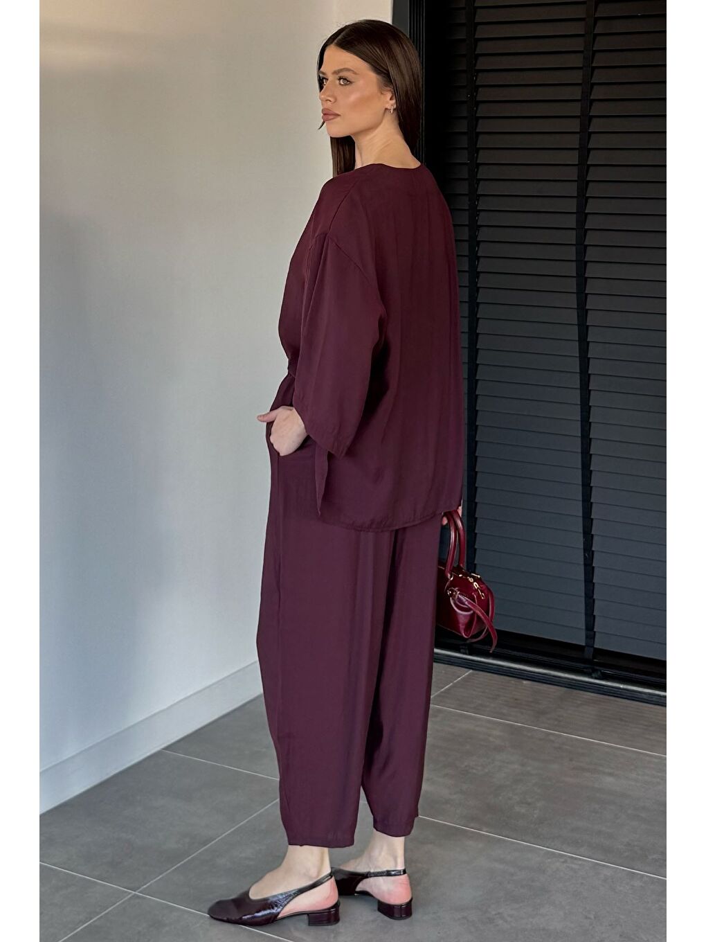 Bordo Perry Kadın Kısa Kol Oversize Bluz Havuç Pantolon İkili Takım-4