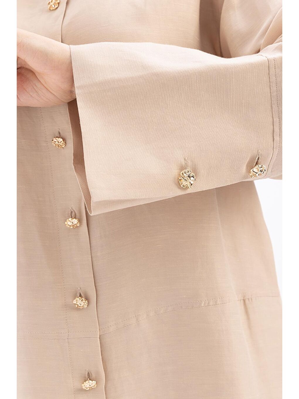 Bej-Geniş Katlamalı Yırtmaçlı Keten Pantolonlu Takım-5