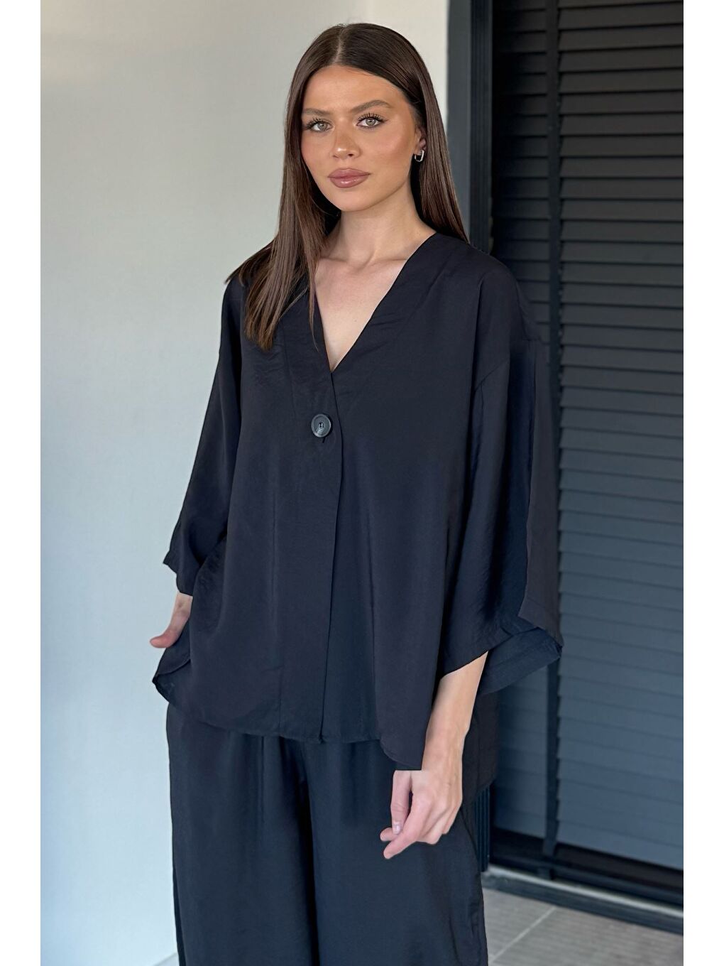 Siyah Perry Kadın Kısa Kol Oversize Bluz Havuç Pantolon İkili Takım-2