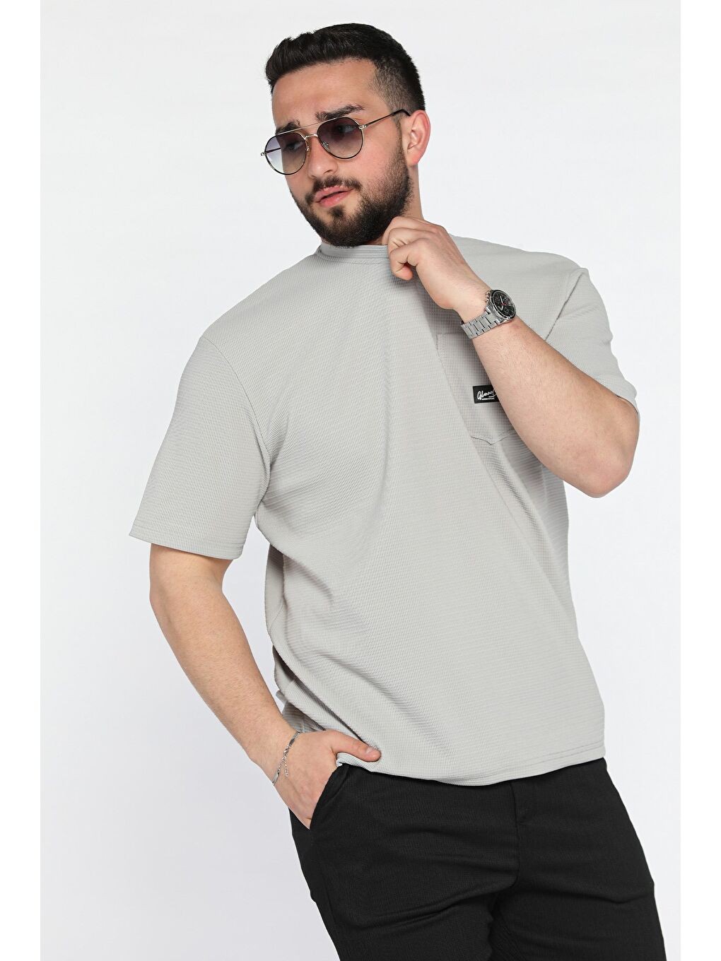 Gri Bisiklet Yaka Cepli Erkek Tişört