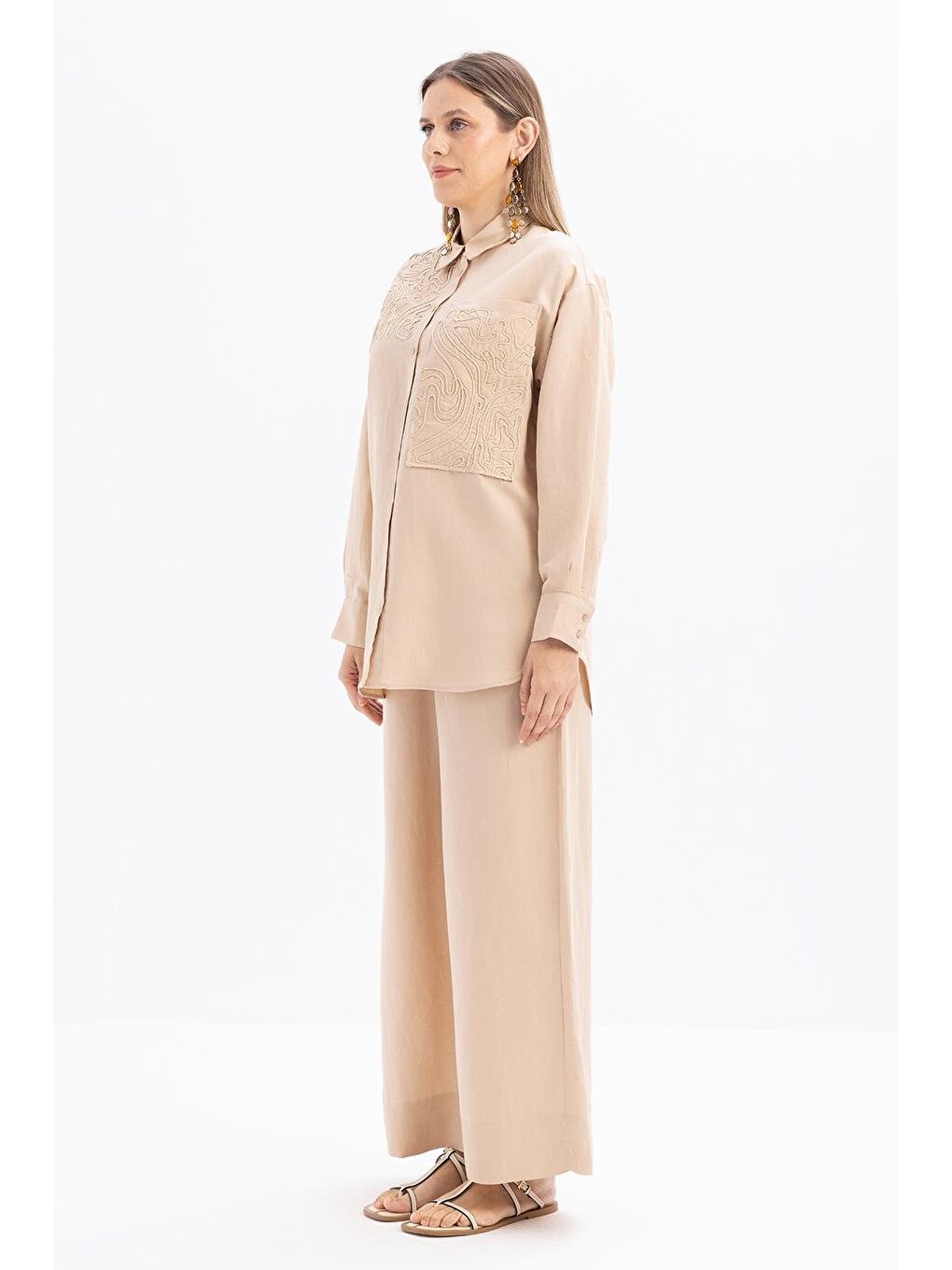 Bej-Nakış Detaylı Keten Pantolonlu Takım-2