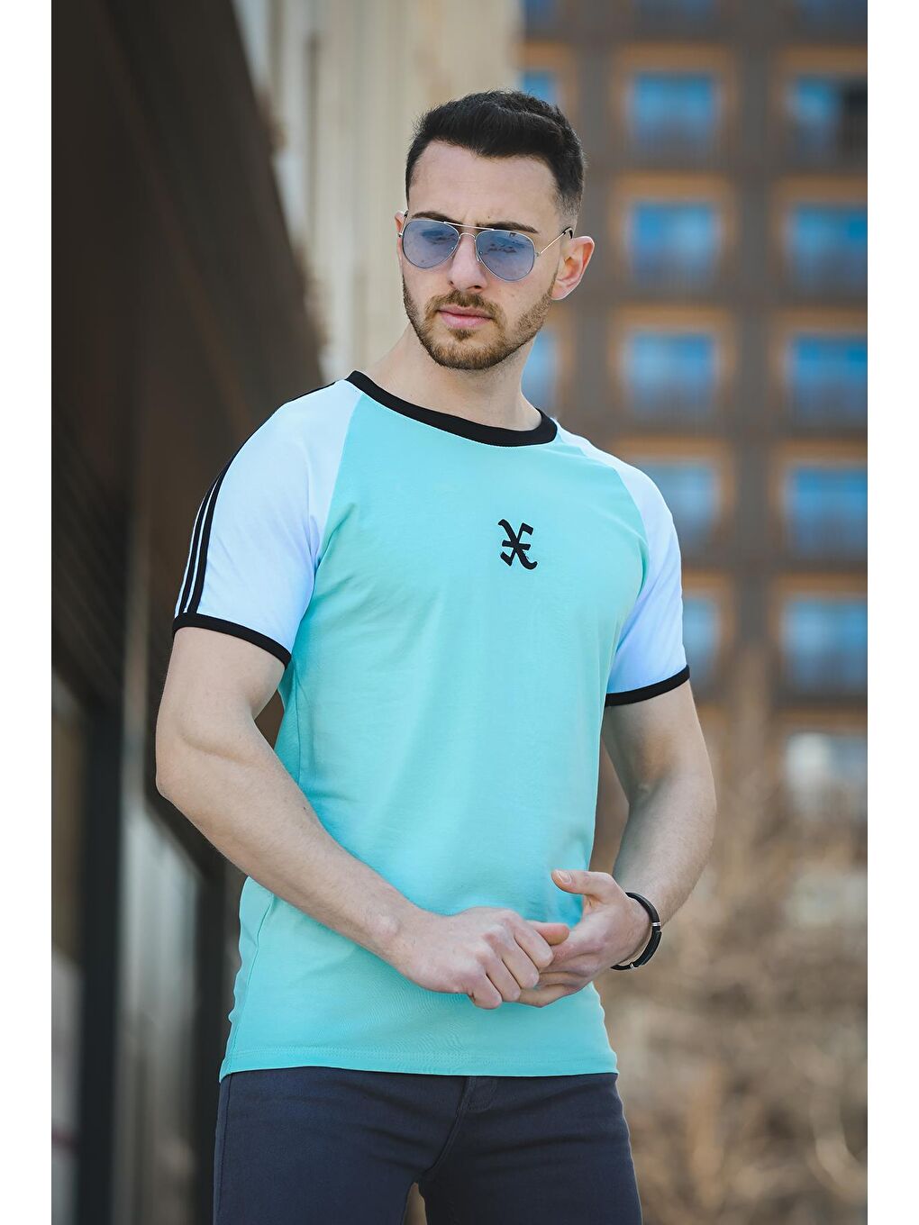 Turkuaz Slim Fit Elastanlı Omuz Şeritli Erkek Tshirt