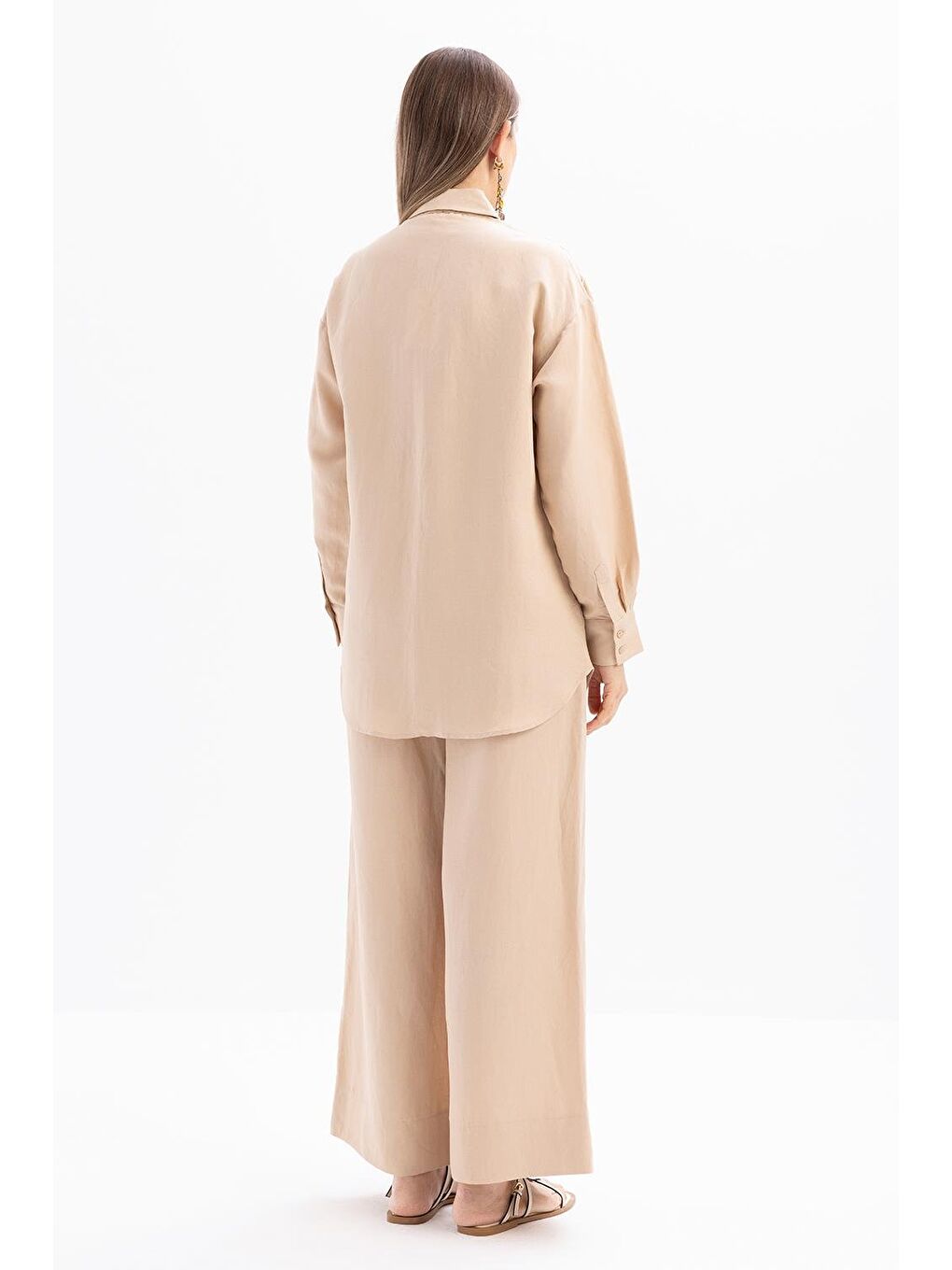 Bej-Nakış Detaylı Keten Pantolonlu Takım-3