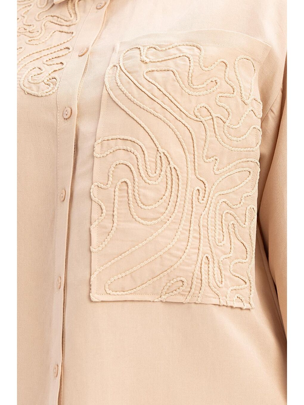 Bej-Nakış Detaylı Keten Pantolonlu Takım-4