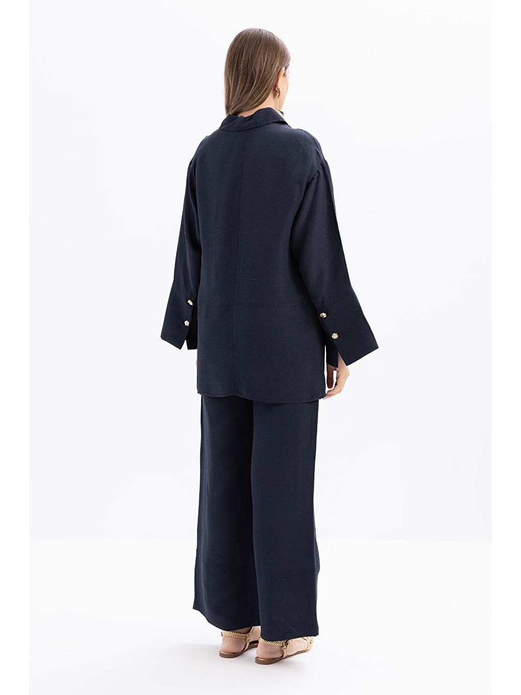 İndigo-Geniş Katlamalı Yırtmaçlı Keten Pantolonlu Takım-2