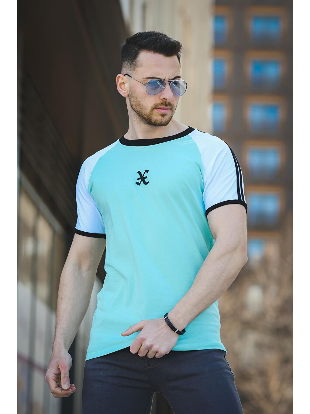 Turkuaz Slim Fit Elastanlı Omuz Şeritli Erkek Tshirt-1