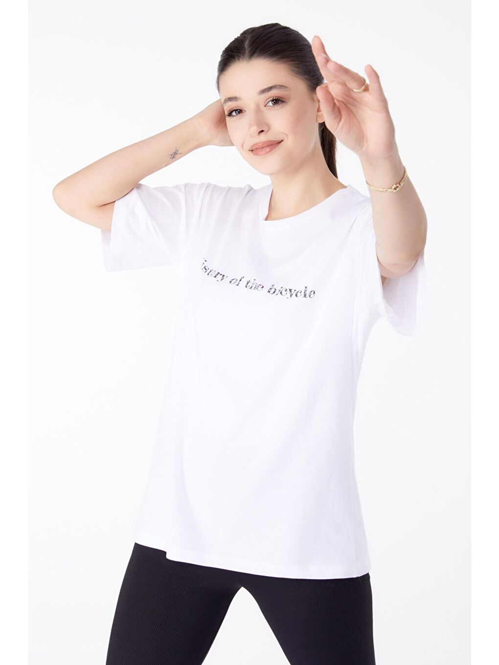 TOFİSA Beyaz Düz Bisiklet Yaka Kadın Beyaz Baskılı Kısa Kollu T-Shirt  - 25394