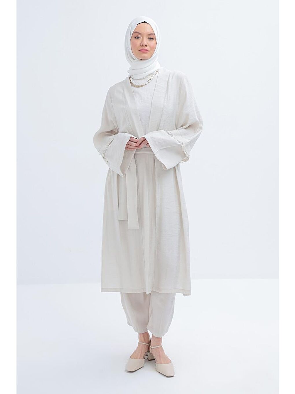 Bej Taş-Kolu Fisto Detaylı Modal Pantolonlu Takım-4