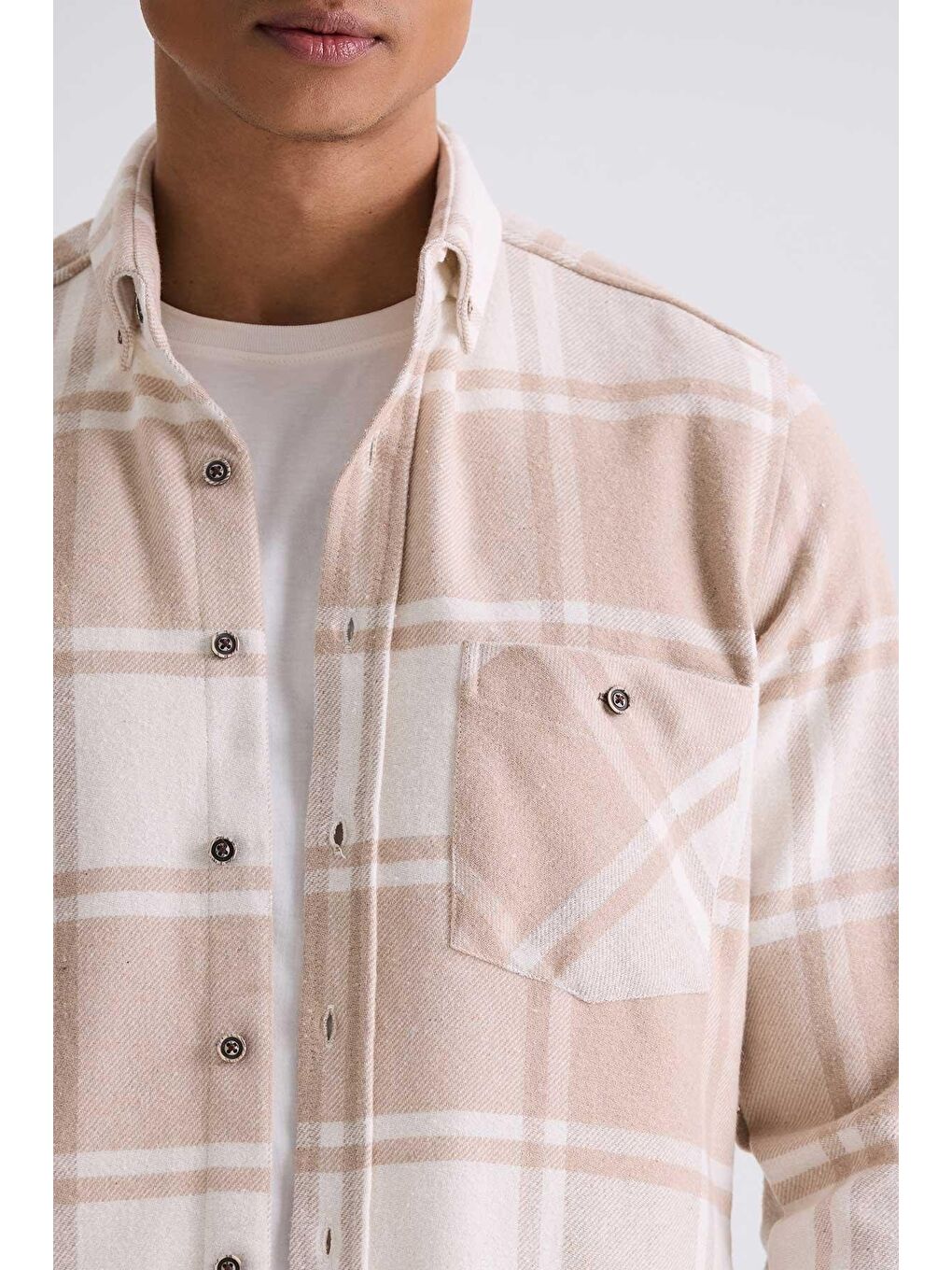 Bej Slim Fit Yaka Düğmeli Ekoseli Oduncu Gömlek-2