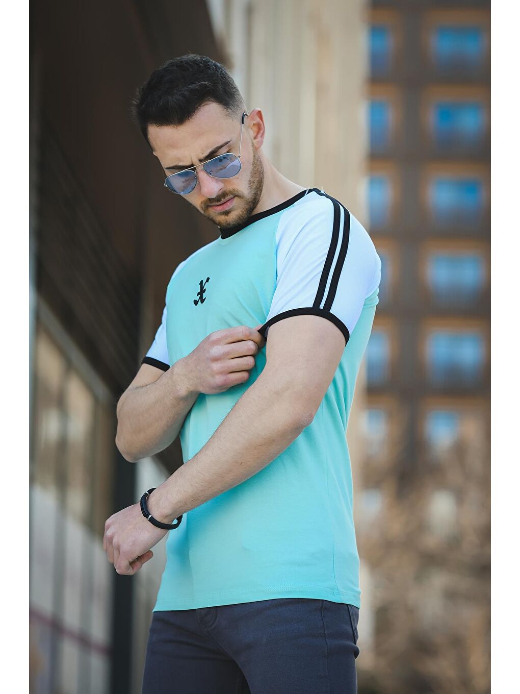 Turkuaz Slim Fit Elastanlı Omuz Şeritli Erkek Tshirt-2