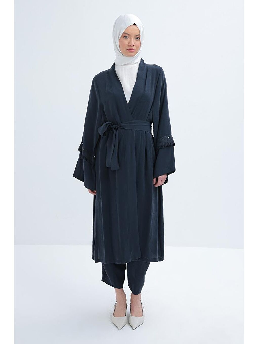 İndigo-Kolu Fisto Detaylı Modal Pantolonlu Takım-1