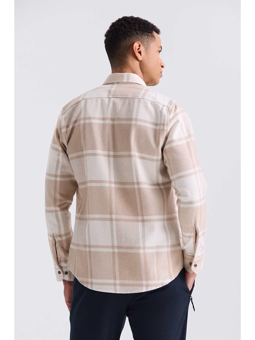 Bej Slim Fit Yaka Düğmeli Ekoseli Oduncu Gömlek-3